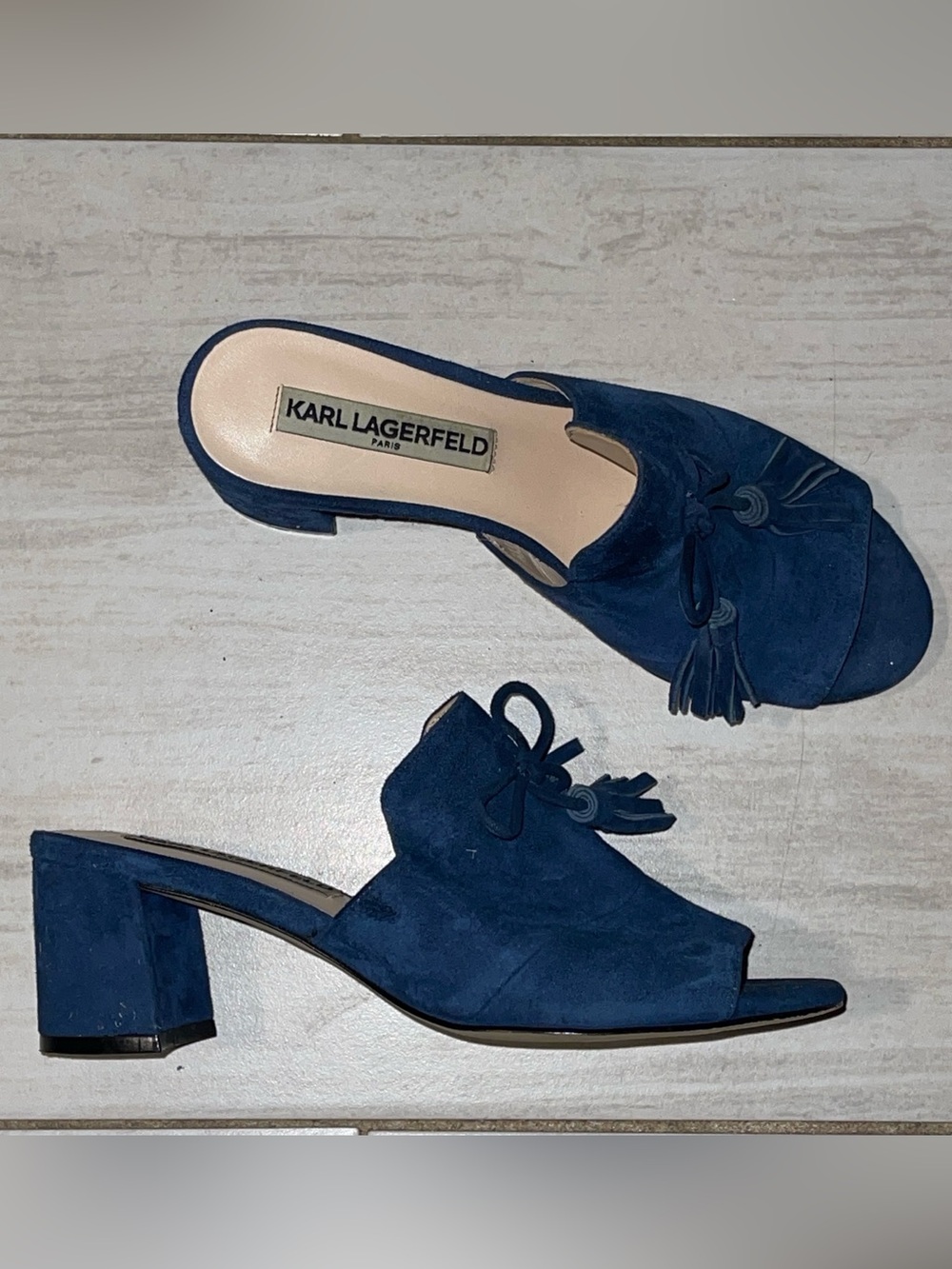 Karl Lagerfeld Holly Navy Suede Open-Toe Tassel Low Block Heel Mules